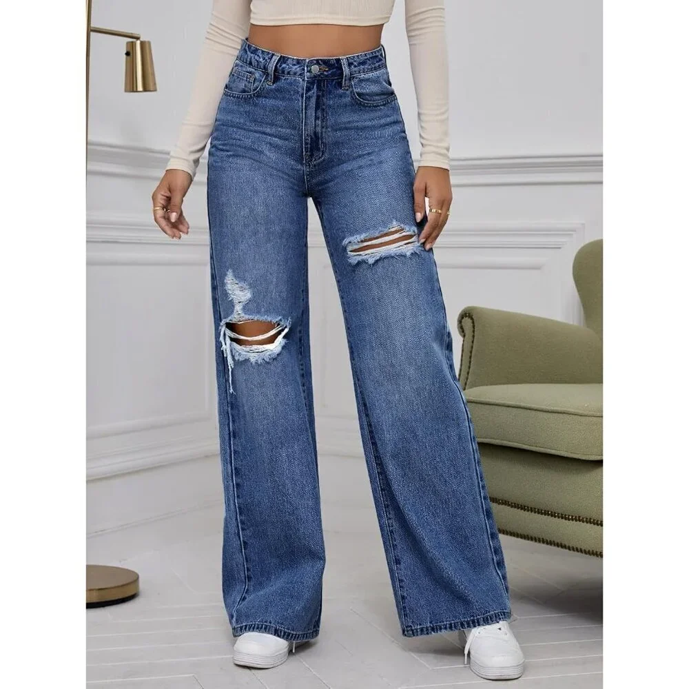 Women's High Waist Ripped Wide Leg Jeans Distressed Denim Pants